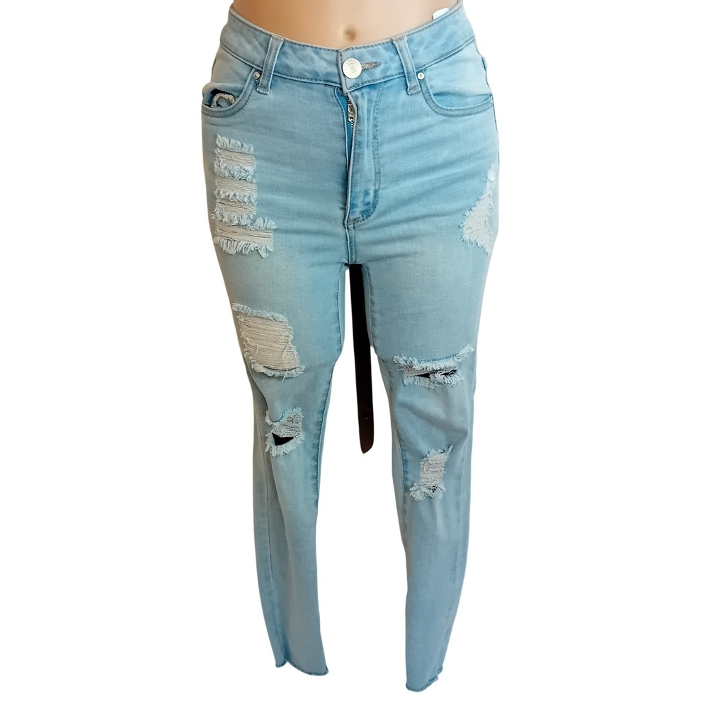Y2K Refuge Denim Skinny Jeans  Distressed Ripped Light Wash Raw Hem Streetwear 1